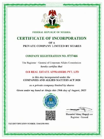 CAC Certificate of Incorporation for O.B Real Estate Appraisers